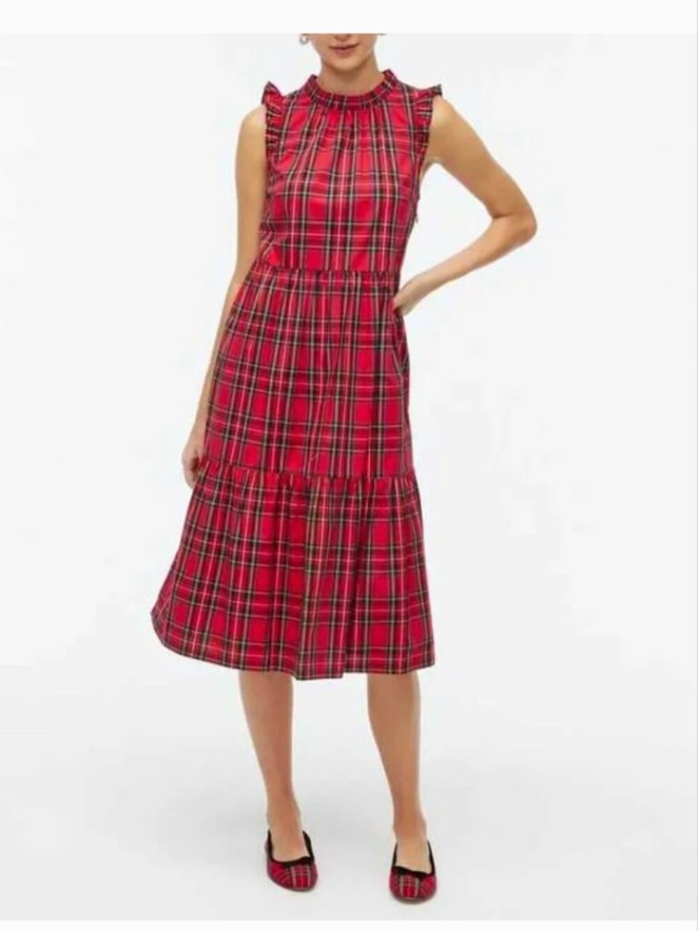 J. Crew Red Plaid Sleeveless Ruffle-Neck Maxi Dress